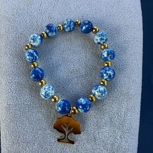 New Stainless Steel Blue and Gold Beaded Bracelet with Tree Charm